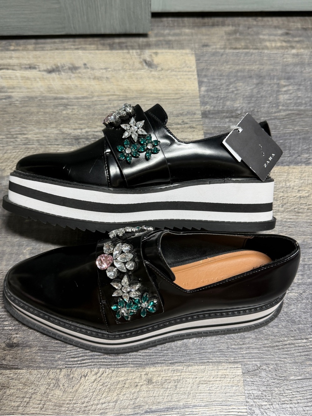 Zara Trafaluc Jeweled Platform Loafers Black Rhinestone Floral Shoes EU 39 US 8 - Picture 3 of 14